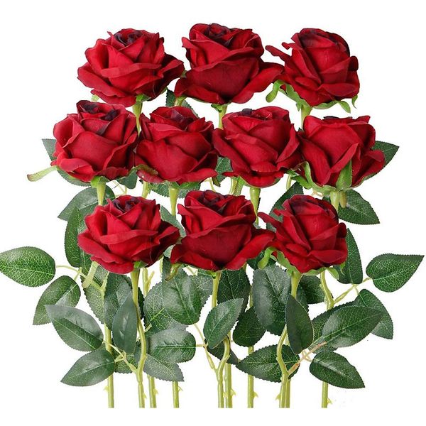 10 pçs/lote vermelho artificial rosa flor falsa seda rosas realistas com haste flores buquê festa de casamento casa decoração dos namorados 240322