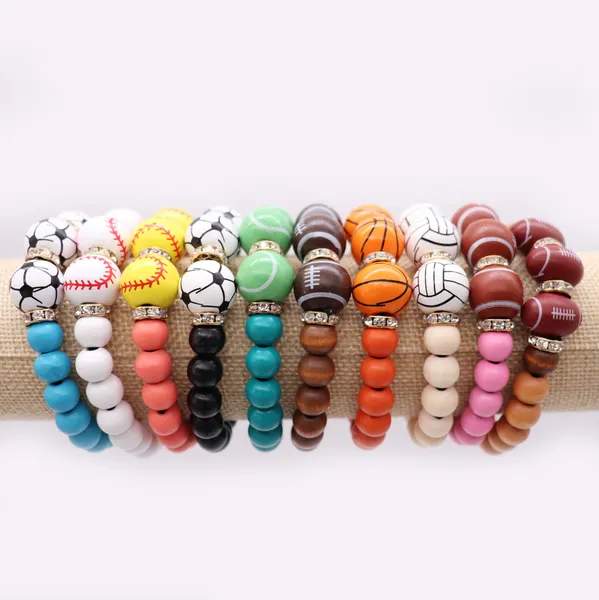 Bracciale elastico con perline elastiche per baseball, calcio, basket, pallavolo, fatto a mano con perline di legno