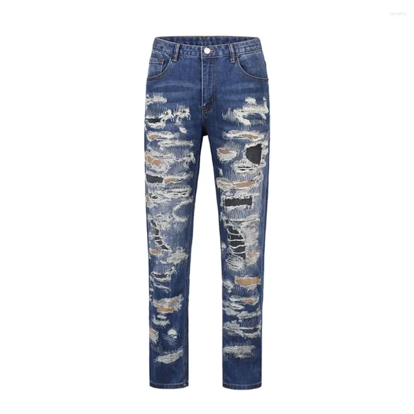 Calças de brim masculinas harajuku corte buraco rasgado retalhos azul para homens em linha reta retro streetwear casual calças jeans oversized calças soltas