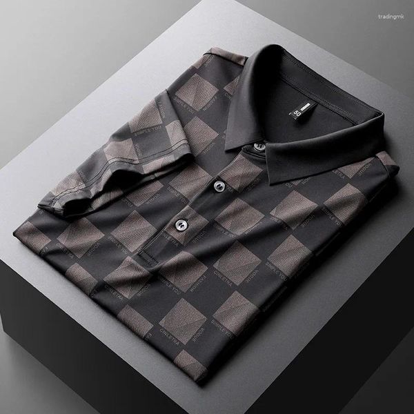 Polo da uomo polo stampata scozzese da uomo d'affari di moda 2024 T-shirt casual con risvolto alla moda sottile e traspirante estiva