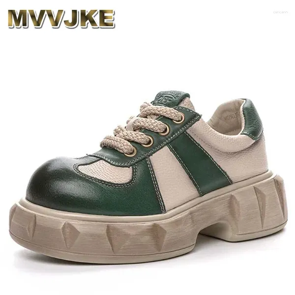 Scarpe eleganti Moda Donna 2024 Primavera Colori misti Punta tonda Vera pelle Tacco spesso Piattaforma robusta Donna singola