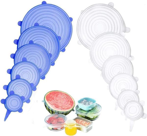 Atacado 6 Pçs/set Tampas Elásticas de Silicone Durável Eco-Friendly Tampas Elásticas Reutilizáveis Resistentes Ao Calor Vários Tamanhos Capa para Tigela