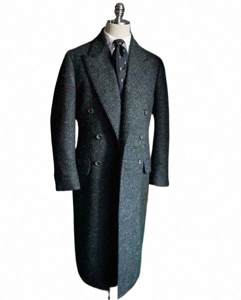 Herringbe Giacche da completo da uomo in tweed misto lana Trench Lg doppio petto Cappotto militare Busin Blazer Tailore Made O507 #