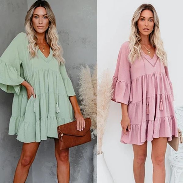 2023 Mulher grávida Roupas de verão Sweet Short Share Sleeve Vneck High Caist Maternity Dress Chiffon Dress Aline 240318