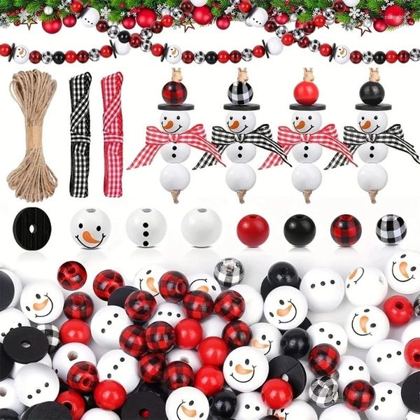 Decoração de festa Natal bonecos de neve contas de madeira conjunto inverno com corda e kits de madeira de fita