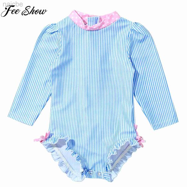 Einteiler Baby Mädchen Langarm Druck Streifen Bademode Reißverschluss hinten einteiliger Badeanzug Rash Guard Badeanzug Badeanzug Strandmode 24327