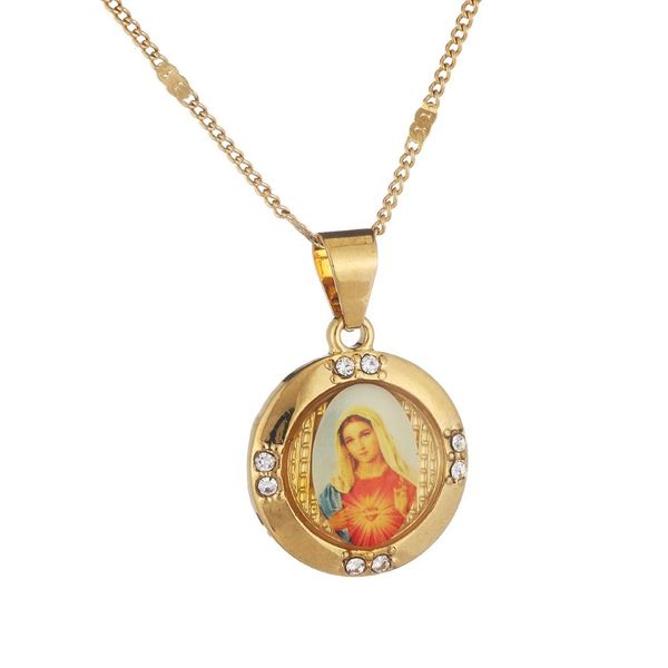 Moda ouro cor católica cristã corrente jóias esmalte abençoada mãe cameo virgem maria pingente colar jóias274t