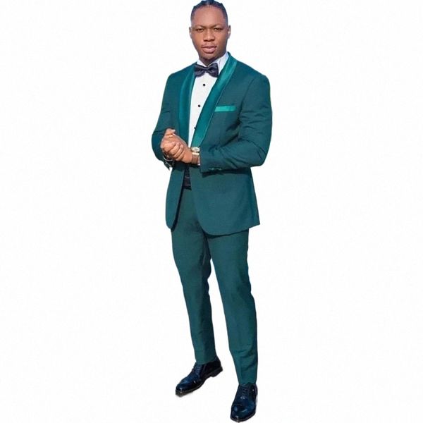 Abiti da uomo di lusso Blazer verde monopetto scialle bavero formale giacca 2 pezzi pantaloni slim fit ropa hombre set completo personalizzato 03Xq #