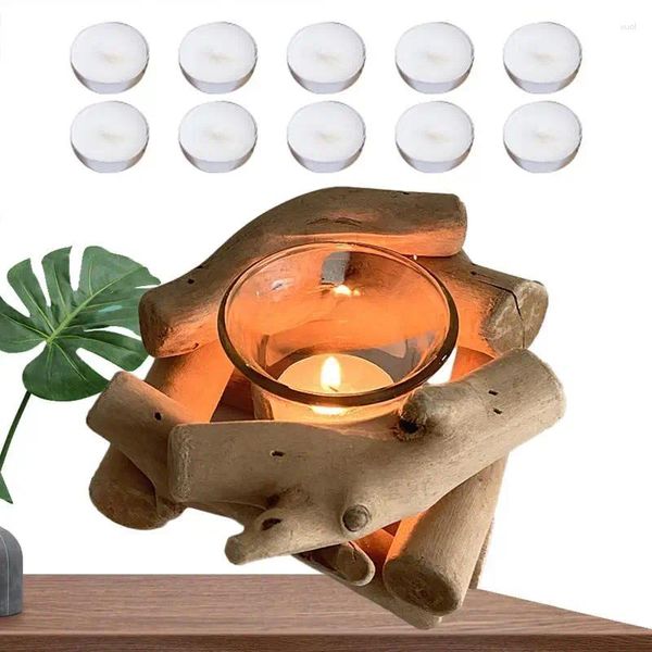 Kerzenhalter, Teelichthalter mit Glastasse, romantischer Treibholz-Teelichtständer für Tischdekoration, 10 Kerzen, Treibholz-Dekoration