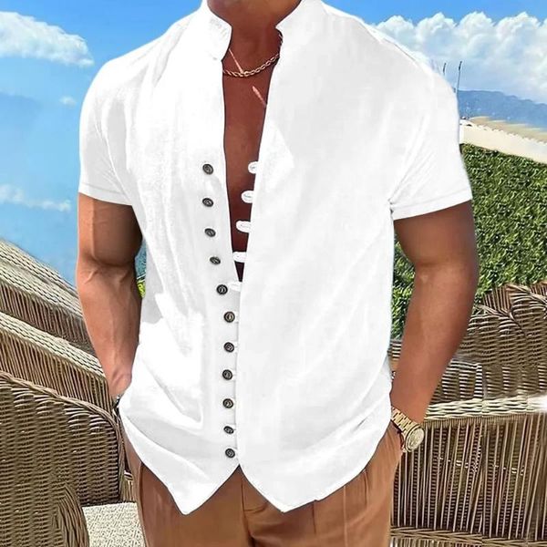 Camicie casual da uomo Camicia bianca vintage abbottonata per abbigliamento da uomo Manica corta Tinta unita Nero Blu Cotone Lino Moda da spiaggia Top da uomo