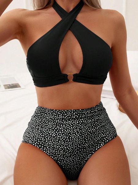 Mulheres Swimwear Sexy Black Dot Imprimir Cintura Alta Bikini Set 2024 Mulheres Halter Cross Push Up Cut Out Beach Bathing Terno 2 Peça Swimsuit