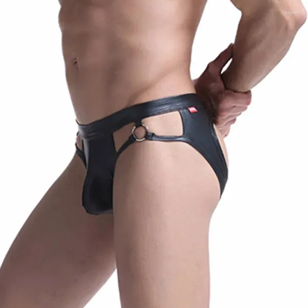 Unterhosen Männer Sexy PU Leder Slips Zurück Hohl Freiliegendes Gesäß Erotische Niedrige Taille Jock Strap Höschen Konvexen Beutel