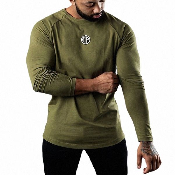 Nuovo Army Green Lg Manica Abbigliamento Allenamento Fisico Autunno Traspirante Girocollo Sport T-shirt da uomo F9K4 #