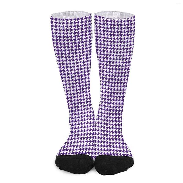 Meias femininas houndstooth azul roxo branco meias de lazer masculino médio macio ciclismo inverno personalizado anti deslizamento