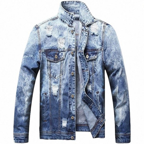 Fi Slim Fit Vintage Butt Jeans Revers Mantel Oberbekleidung Männer Casual Ripped Hole Denim Jacke F0v1 #