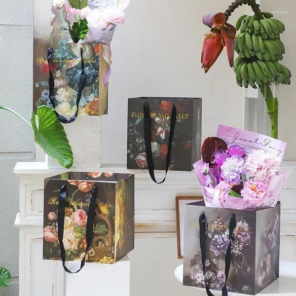 Envoltório de presente pintura a óleo retro série embalagem saco em relevo floral bolsa flor loja arte