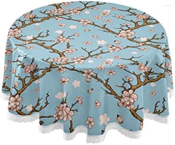 Toalha de mesa japonesa flores de primavera redonda toalha de mesa renda lavável capa de poliéster para casa cozinha sala de jantar festa