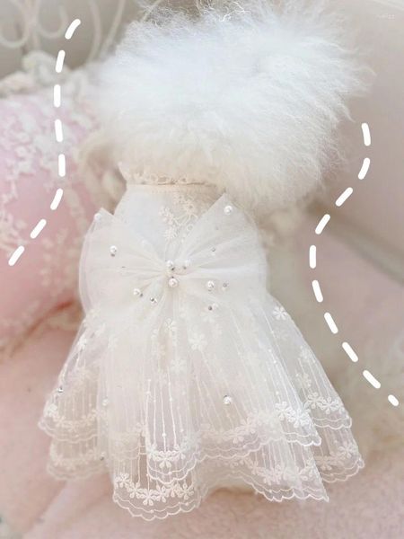 Abbigliamento per cani Abiti dal design unico fatti a mano Abito da sposa per animali domestici Damigella d'onore in pizzo bianco Tulle Fiocco di perle Capispalla Piccola fata Principessa per le feste