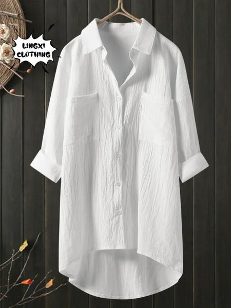 Elegante e jovem mulher blusas casual casa algodão linho tamanho grande único breasted estilo de deslocamento camisa de manga comprida 240326