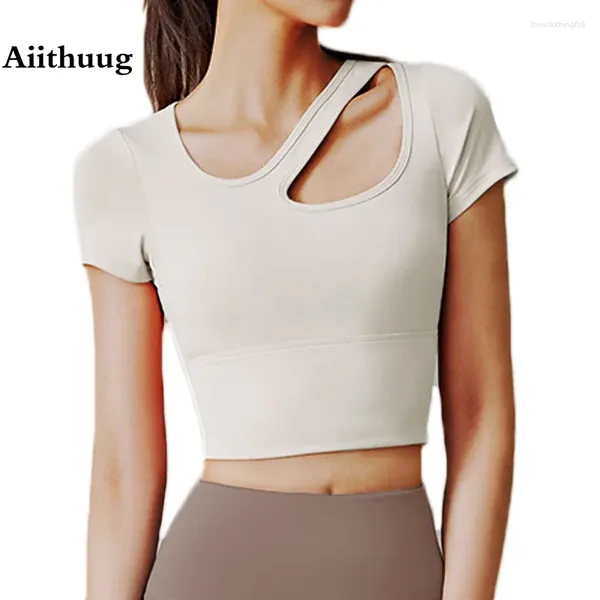 Активные рубашки Aiithuug, укороченный топ для йоги, со встроенной чашкой, топы с короткими рукавами для тренировок, сексуальный бюстгальтер для бега с ключицей, эластичный спортивный бюстгальтер для фитнеса