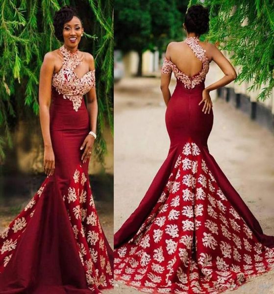 Aso Ebi Estilo Vermelho Escuro Sexy Sereia Evening Pageant Vestidos Modest Lace High Neck Backless Sweep Train Trumpet África Prom Party G4223660