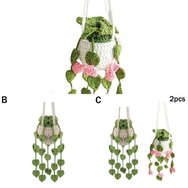 Upgrade Auto Montiert Rückspiegel Simulation Grüner Apfel Topf Dekoration Auto Pflanze Häkeln Hängenden Korb Hängende Pflanze Für Auto W3d1