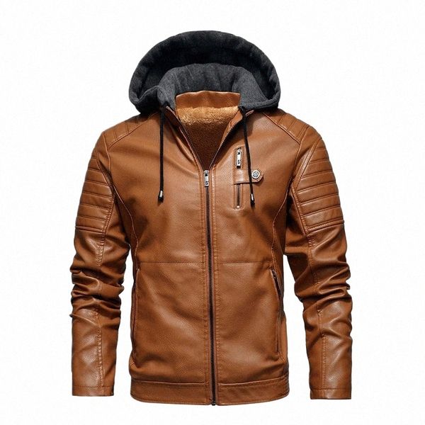 fi Giacca in pelle da uomo in pile invernale Fodera in pelle Pu Cappotti con cappuccio Autunno Abbigliamento maschile Casual Giacche da moto bianche Q75P #