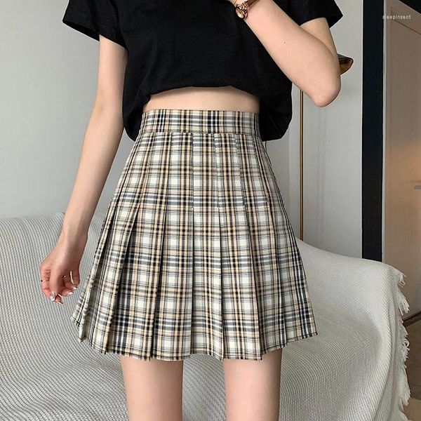 Saias mini mulheres verão moda treliça plissada cintura alta nádegas estilo preppy jupe femme fino fino algodão faldas feminino