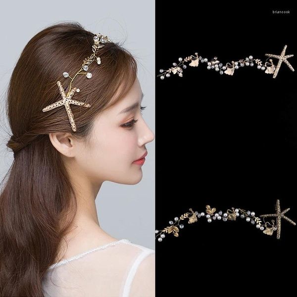 Grampos de cabelo cor dourada estrela do mar bandana pérola cristal tiara para mulheres noiva folha festa nupcial acessórios de casamento jóias banda