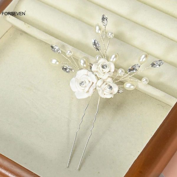 Fermagli per capelli Forcine per fiori bianchi laterali per la sposa Matrimonio Bastoni a forma di U Forchette Perle Copricapo Gioielli per feste da donna