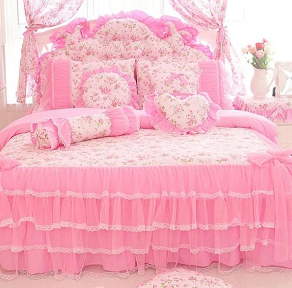 Estilo coreano rosa renda colcha conjunto de cama rei rainha tamanho 4 pçs rosa impressão princesa capa edredão saias roupas algodão hom8584060