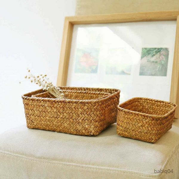 Cestas de armazenamento artesanal palha seca flor pote cesta cesta rattan caixa doces fone de ouvido panier de rangement organizador útil armazenamento cesto