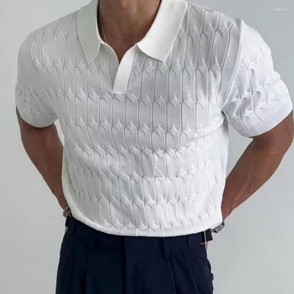 Polo da uomo Top in maglia jacquard elasticizzato manica corta elegante camicia da lavoro lavorata a maglia con scollo a V formale elasticizzata media