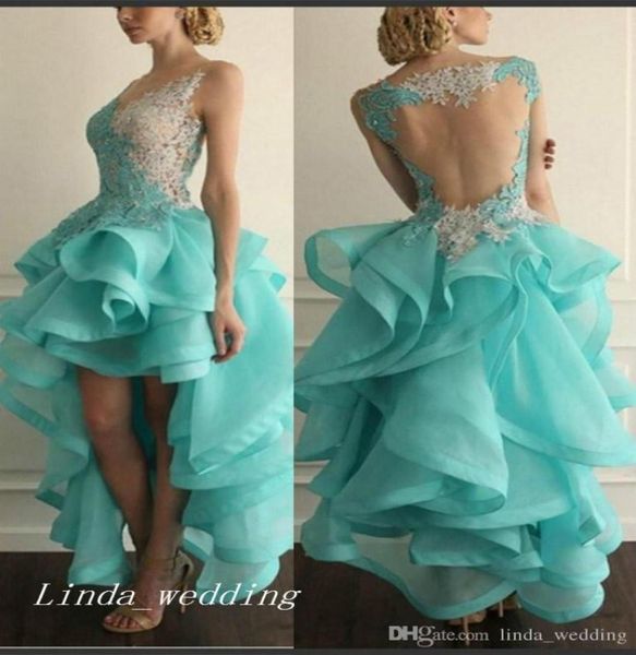 Mintgrün Farbe High Low Abendkleid Sexy Rüschen Organza Spitze Quinceanera Kleider Abend Party Kleid Plus Größe vestidos de festa2407528