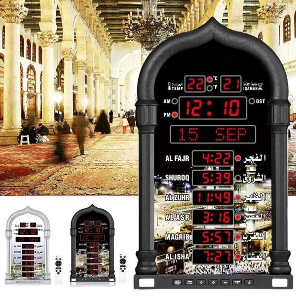 Tischuhren 12V Azan Moschee Kalender Muslimisches Gebet Wanduhr Alarm Islamische Ramadan Wohnkultur mit Fernbedienung