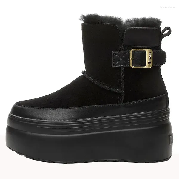 Botas Fujin 8cm 2024 Vaca Camurça Couro Mulheres Roma Tornozelo Neve Sapatos de Inverno Moda Plataforma Cunha Pele Pelúcia Quente