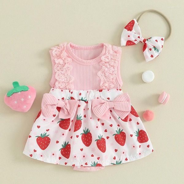 Kleidungssets Baby Mädchen Sommer Outfits Ärmelloses Erdbeer-Druck-Bogen-Stramplerkleid mit Stirnband 2-teiliges Set für Kleinkinder 0-18 Monate