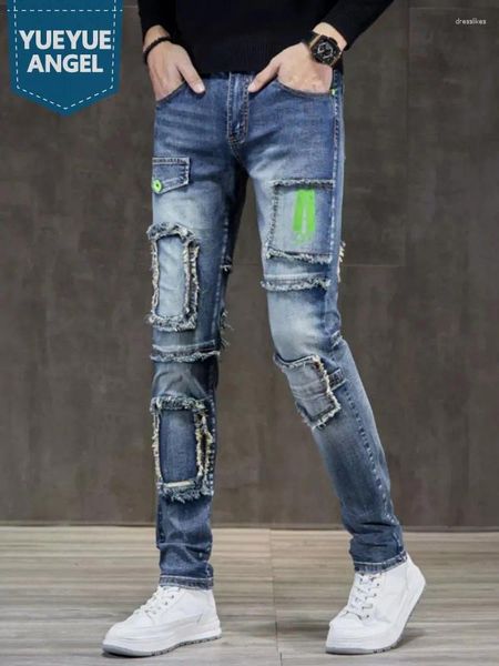 Jeans masculinos homens primavera outono fino ajuste lápis calças vintage borla remendo emendado reto denim calças compridas casual carga