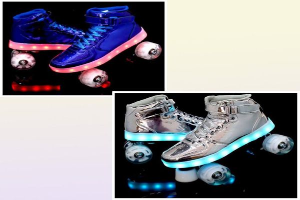 Patins em linha 7 cores led flash 4 rodas pu para crianças tênis de recarga usb sapatos doublerow masculino feminino europa tamanho 354513270346