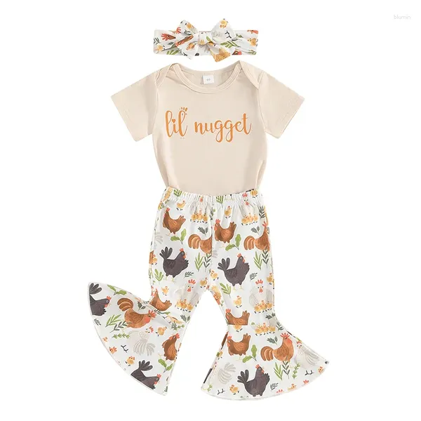 Kleidung Sets Säugling Baby Mädchen Sommer Outfits Nette Kurzarm Buchstaben Drucken Strampler mit Huhn Flare Hosen und Stirnband 3PCS