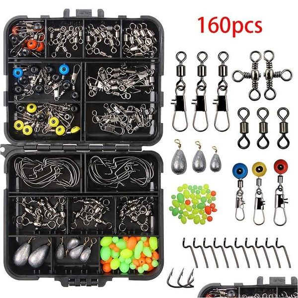 Acessórios de pesca 160pcsset Tackles Set Jig Ganchos Beads Sinkers Peso Gira Snaps Sliders Kit Acessório de Pesca 220919 Drop Deli Dhas8