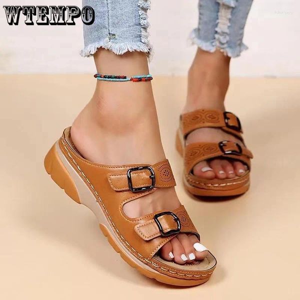 Тапочки WTEMPO, женская летняя обувь с открытым носком, модные удобные женские сандалии на танкетке с двойной пряжкой, повседневные сандалии на платформе, размер 35–43