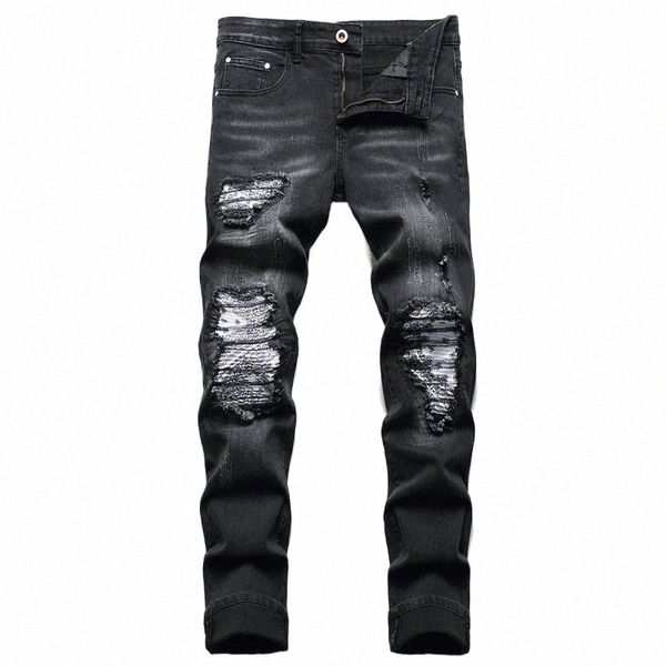 Männer Paisley Bandana Print Patch Jeans Streetwear Patchwork Löcher Ripped Stretch Denim Hosen Dünne Gerade Biker Hosen v3VH #