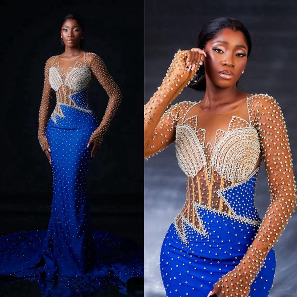 2024 Plus Size Aso Ebi Abiti da ballo per donne nere Illusion Promdress Maniche lunghe Collo trasparente Strass Abito di compleanno decorato Abiti di seconda accoglienza NL641