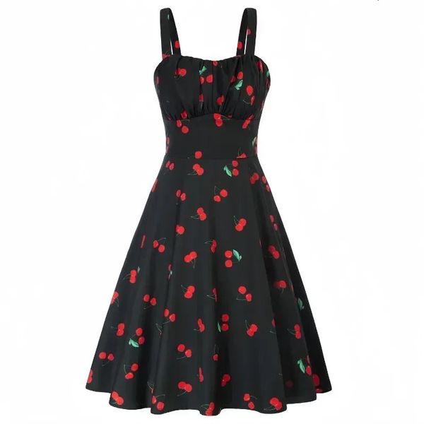 Kirsche bedruckte Retro-Sommerkleider Damen Robe Vintage Swing Sexy Spaghettiträger 1950er 60er Rockabilly Prom Party 240327