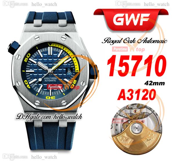 GWF V2 Dive 42mm 15710 A3120 Orologio automatico da uomo Quadrante blu con texture gialla Cassa in acciaio Cinturino in caucciù blu Orologi sportivi da uomo Super Edition HelloWatch A44D
