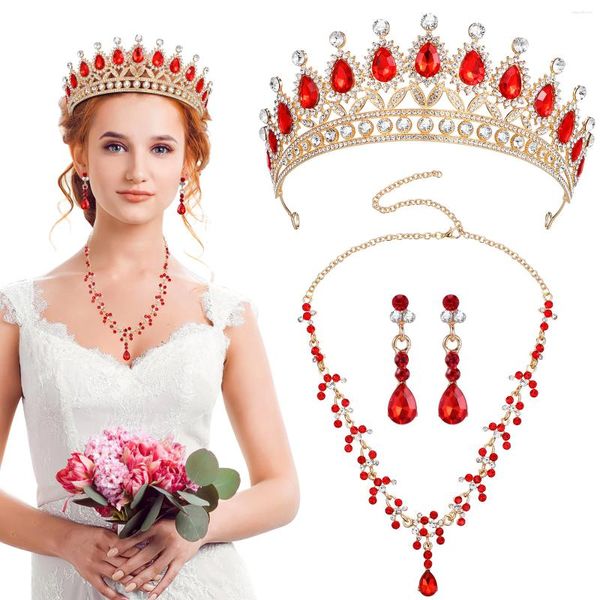 Collana Orecchini Set Ciondola Per Le Donne Corona Corone Nuziali Kit Abito Da Sposa Tiara Gioielli Diademi Rossi