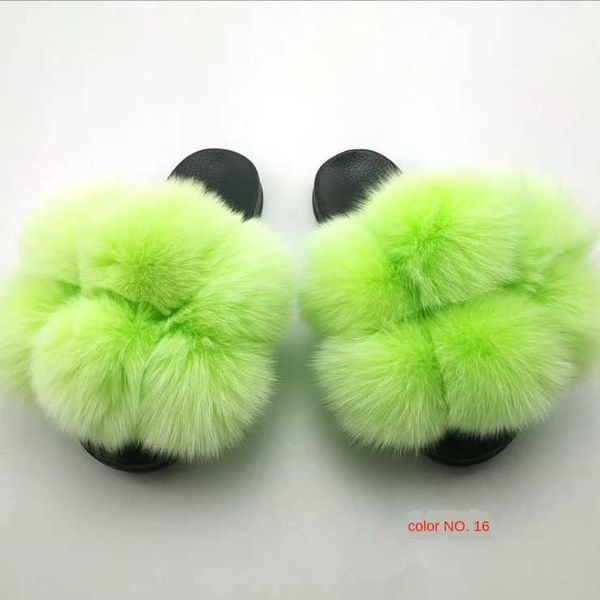 Hausschuhe Hausschuhe Fluffy Raccoon Fur Slide Soes Damen Fox Flip Flache Outdoor-Sandalen Amazing Drop Sip H240326421J