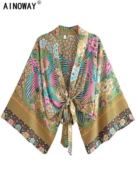 Vintage Boho Kimono Pavão Curto Robe Maiôs Mulheres Moda Floral Batwing Mangas Rayon Bohemian Bikini Cover Ups Beachwear 240315