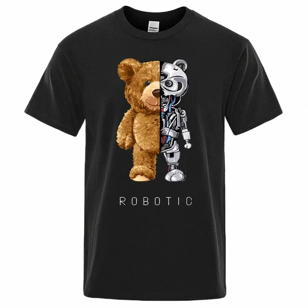 Engraçado Teddy Bear Robot Camiseta Robotic Bear Men Manga Curta Fi Roupas Casuais Verão Cott Tees Oversized Street T-Shirts l25m #